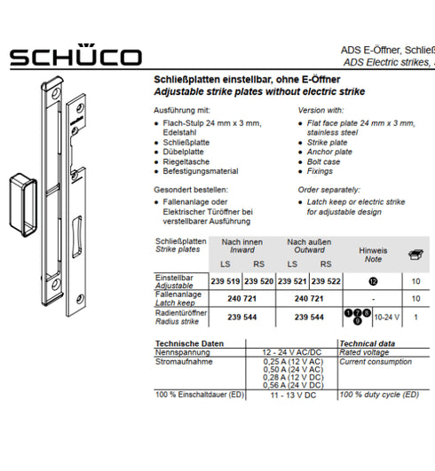 Schüco adjustable strike plates for door hardware with specifications and illustrations.